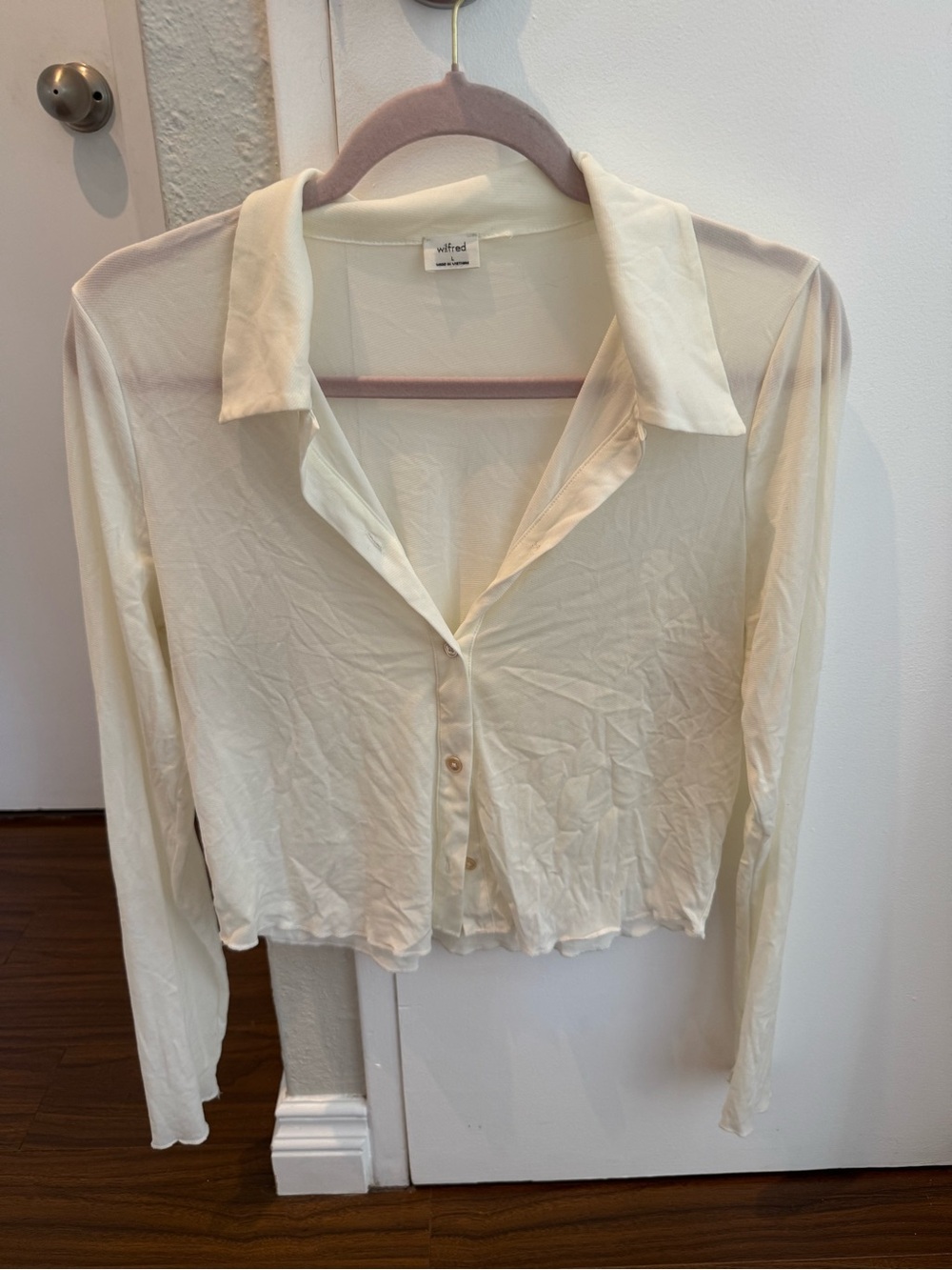 Wilfred Mesh Cream Collared Button-Front Long Sleeve Top